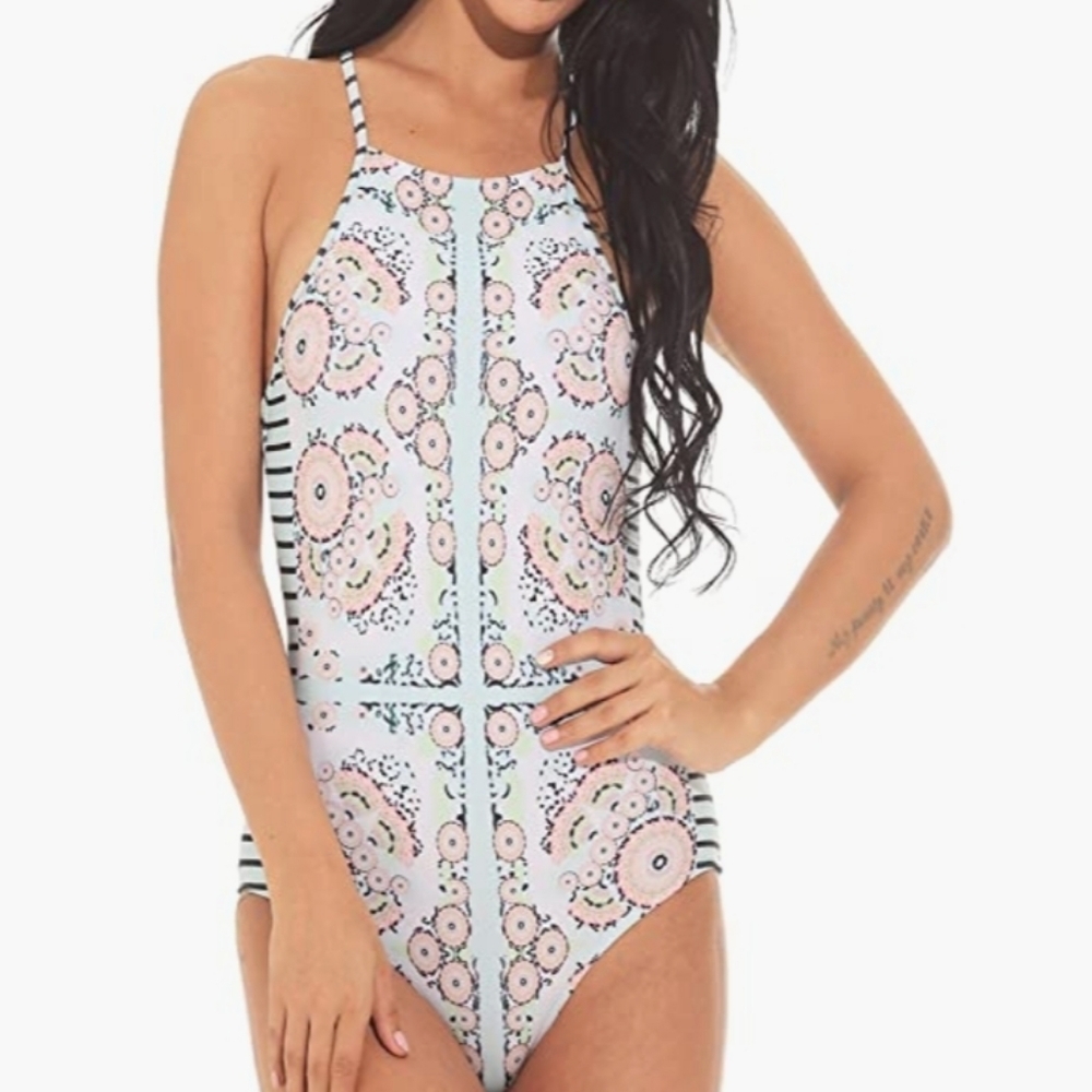 Creabygirls High Neck Abstract Floral & Striped Swimsuit in Aqua/Light Peach M